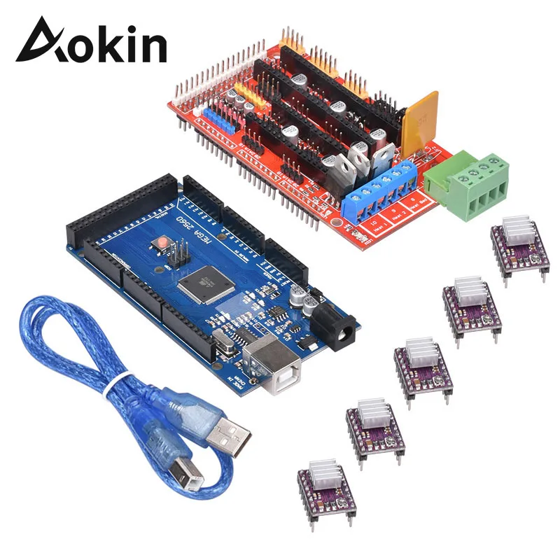 Aokin 1 шт. Мега 2560 R3 + RAMPS 4 плате контроллера 5 DRV8825 Драйвер шагового двигателя для 3D