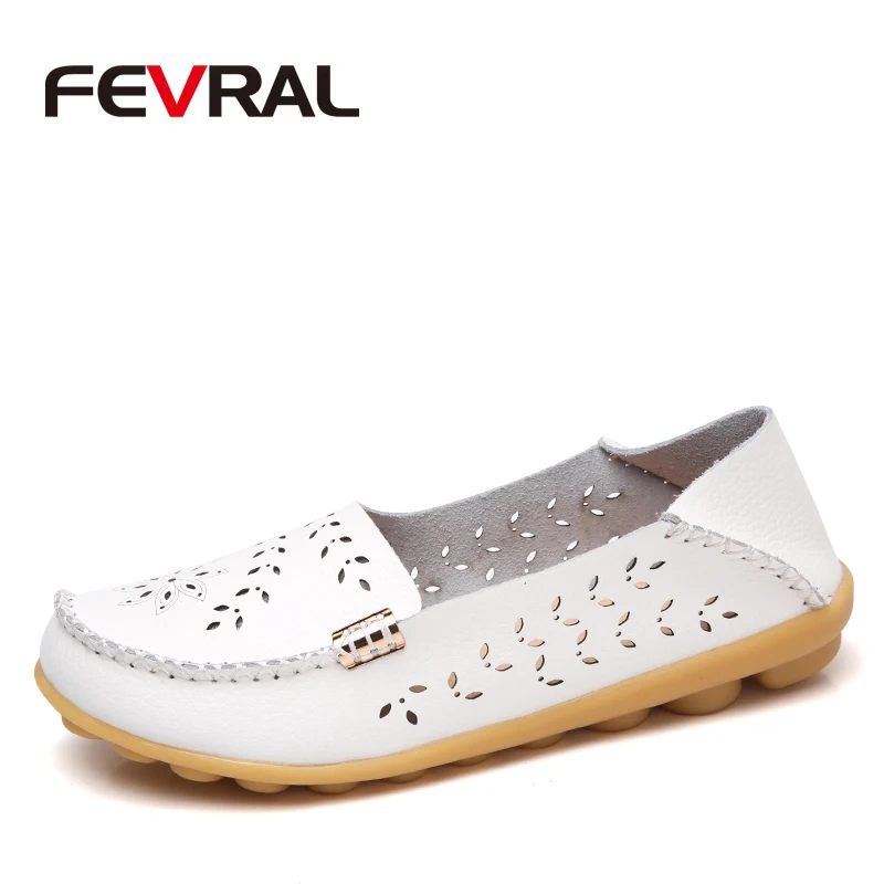 

FEVRAL Woman Fashion Genuine Leather Shoes Woman Loafers Slip-On Casual Flats Moccasins Ladies Shoe Cut-Outs Mother Footwear