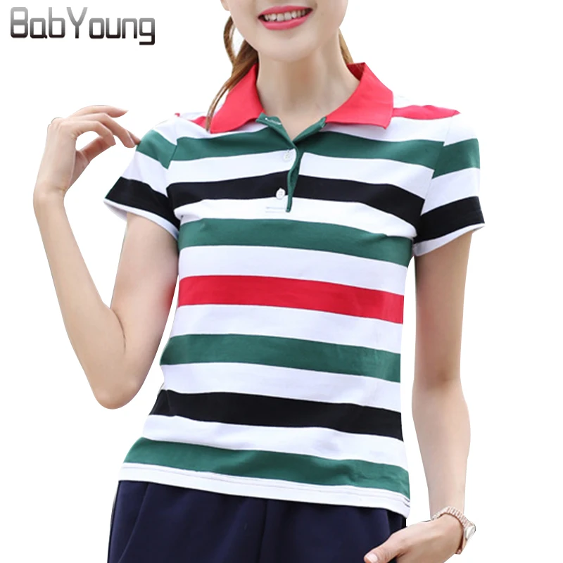 BabYoung 2017 Verão Mulheres Marcas de Camisas Pólo M ~ 6XL Branco Camiseta de Algodão Da Listra Respirável Fino Cor Hit Curto Tops de manga