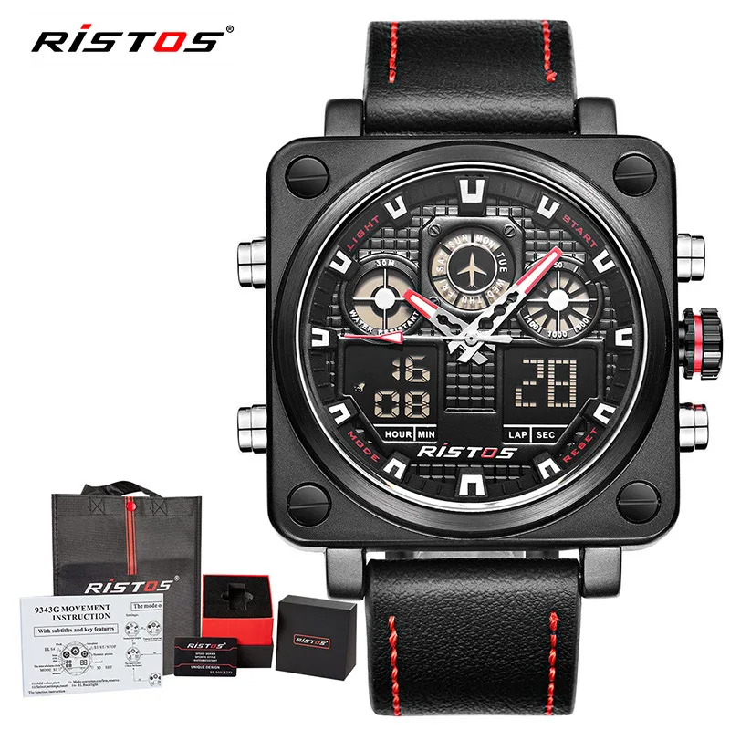 

RISTOS Men Multifunction Sport Leather Watches Analog Digital Male Fashion Wrist watch Relojes Masculino Hombre Chronograph 9343