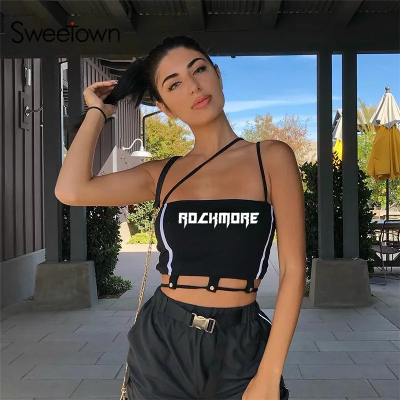 

Sweetown Strapless Black Spaghetti Strap Gothic Crop Top Summer 2019 Rivet Hollow Out Bandage Punk Cropped Feminino Tank Tops