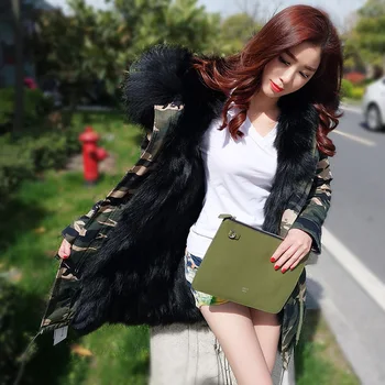 

Women Large Real Raccoon Fur Collar Army Camouflage Coats Real Fox Fur Lining Jacket Female Hooded Winter Long Jackets Korean