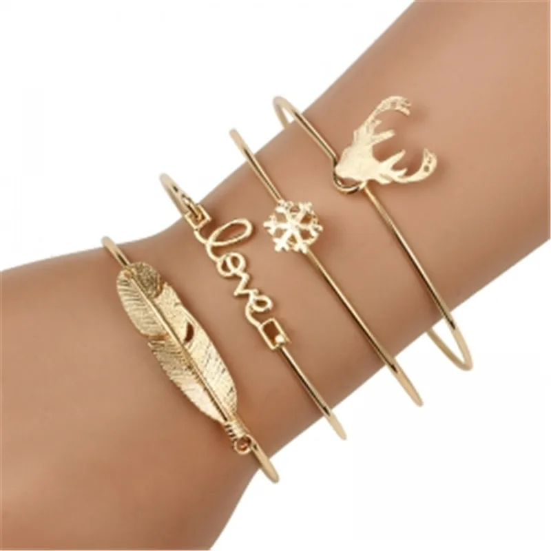 

4Pcs/Set Fashion Antlers Leaf Snowflake Cuff Bracelet for Women Bohemian Geometric Metal Bangle Jewelry Valentines Day Gift