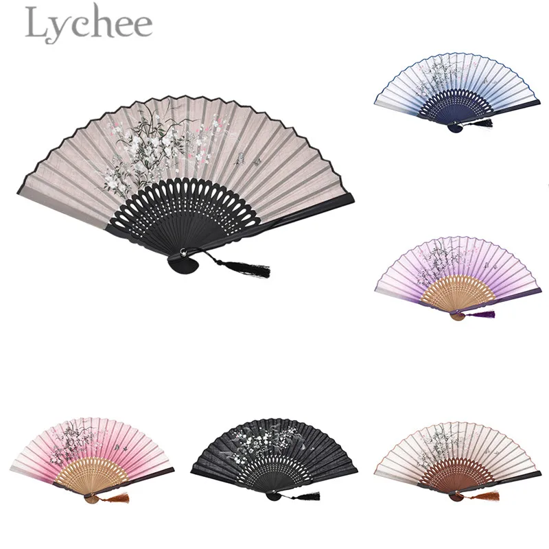 

Lychee 1pcs Vintage Chinese Style Flower Printed Hand Fan Fabric Folding Pocket Fan Dancing Fans Wedding Party Favors Crafts