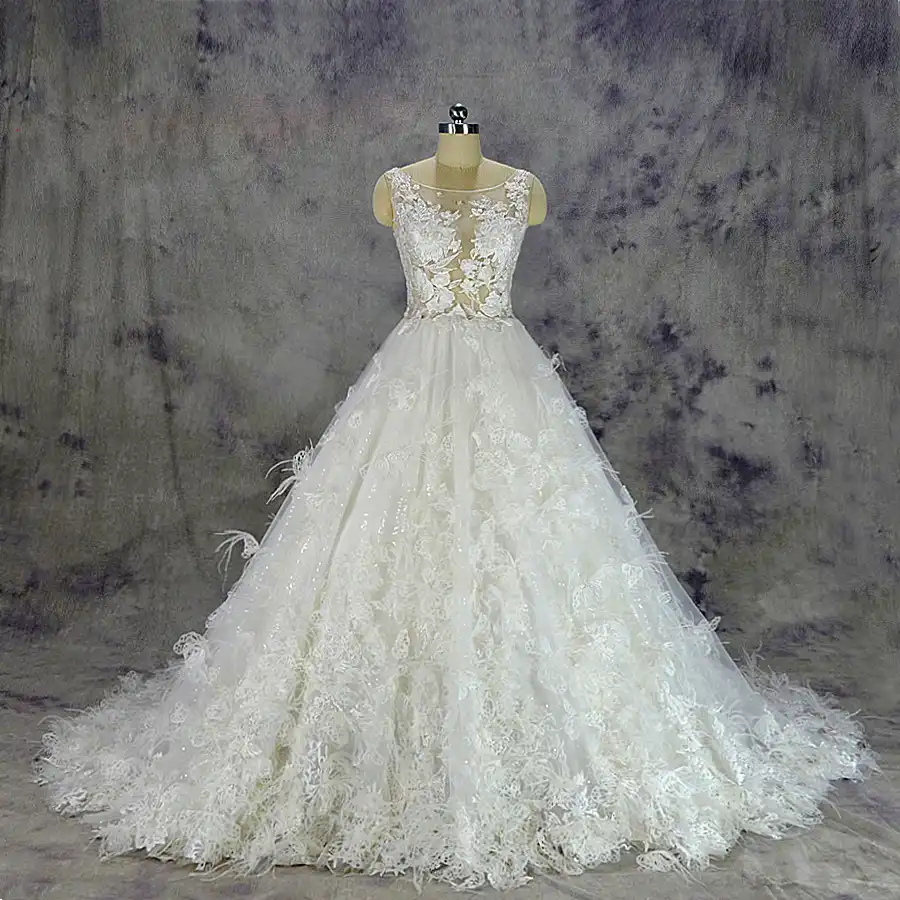2019 Luxurious Feather Wedding Dress Sexy Transparent Top Bridal