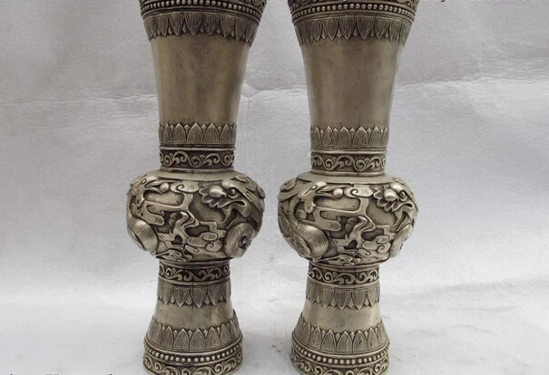 

song voge gem S0710 Chinese Folk White Copper Bronze Silver Dragon Play Phoenix Bottle Pot Vase Pair