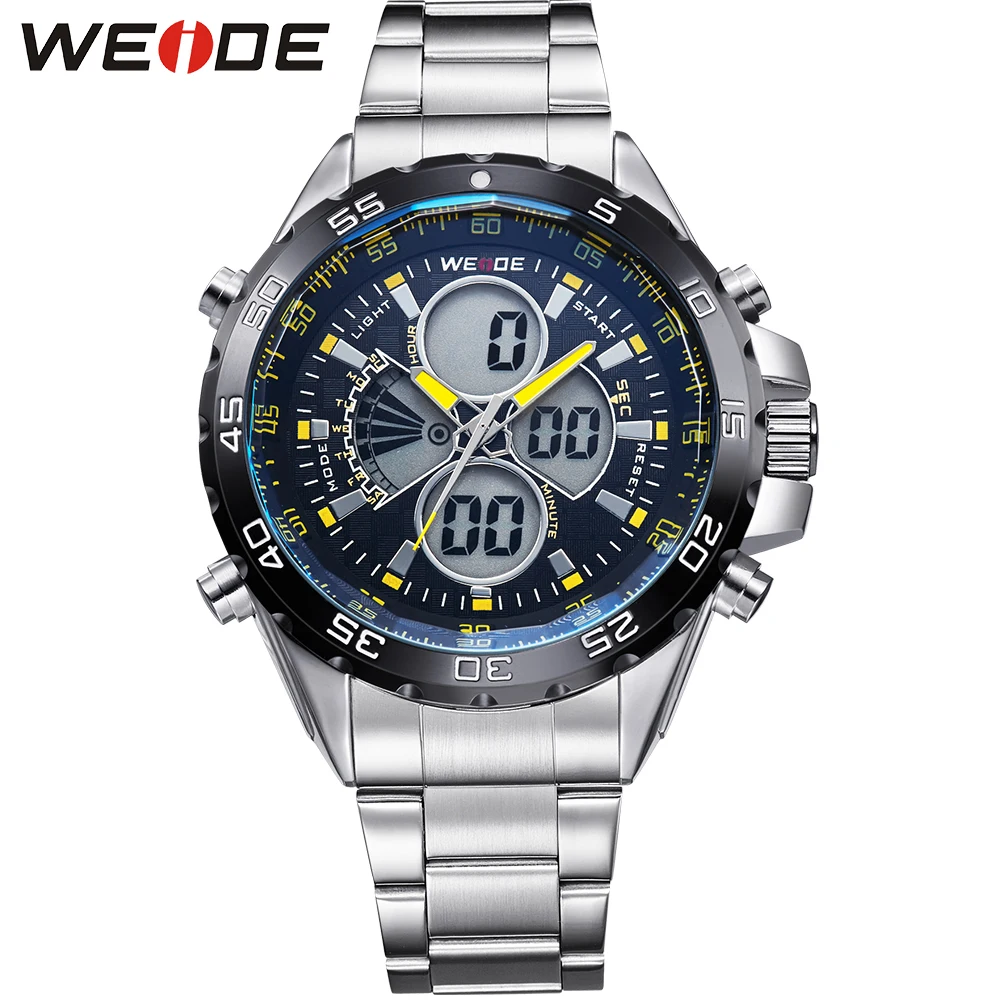 

WEIDE Brand New Original Men Sports Watch LCD Digital Analog Date Stopwatch Backlight Full Steel Quartz Military Watches Fashion