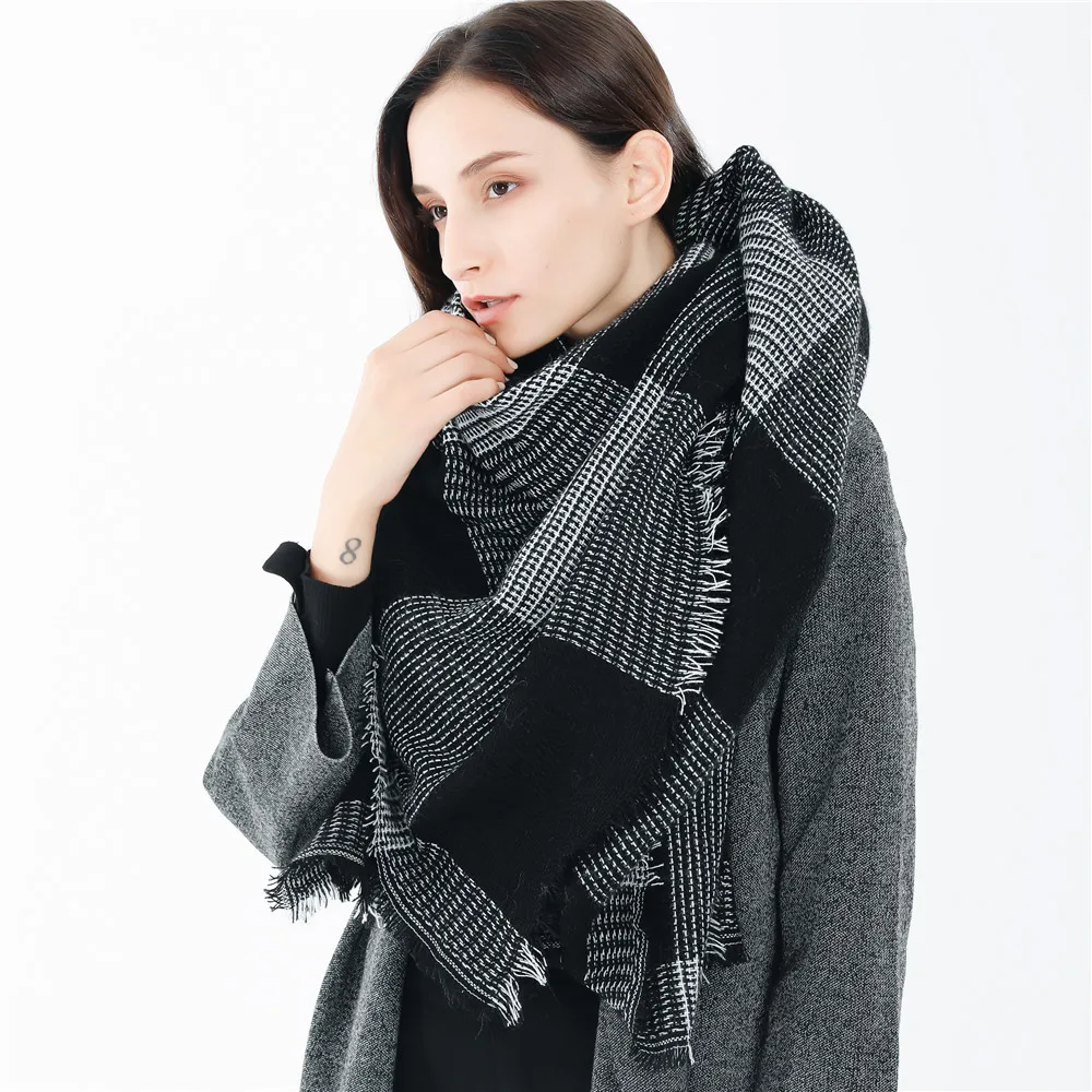 2018 Winter Pashmina Cashmere Scarf Women Black White Plaid Thick