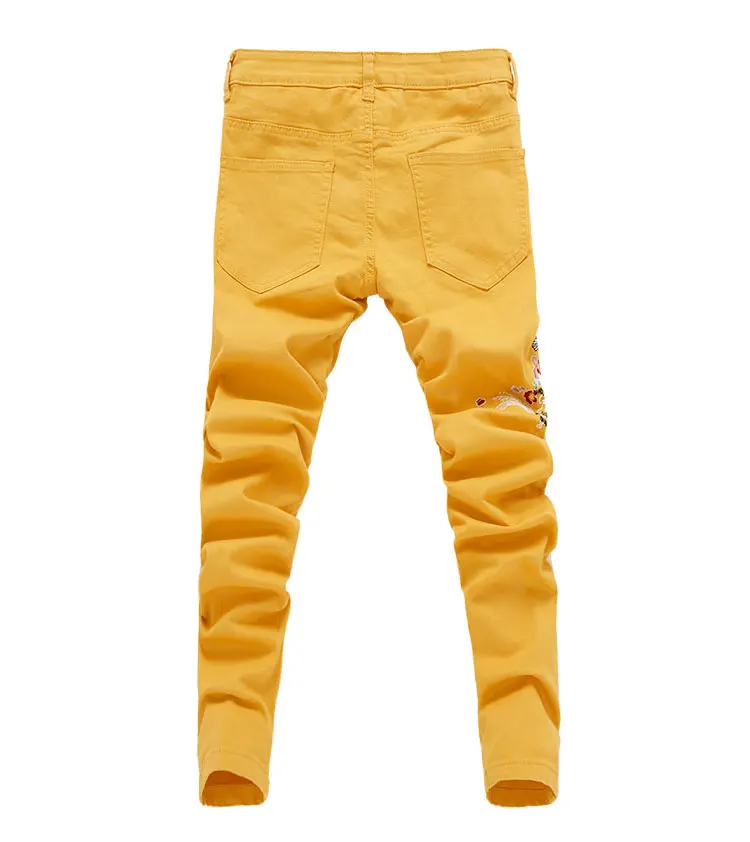 Новая мода Рваные джинсы Для мужчин вышивка узкие брюки человек сезон: весна–лето желтый, зеленый, розовый джинсовая одежда больших размеров, брюки с начесом, грохот