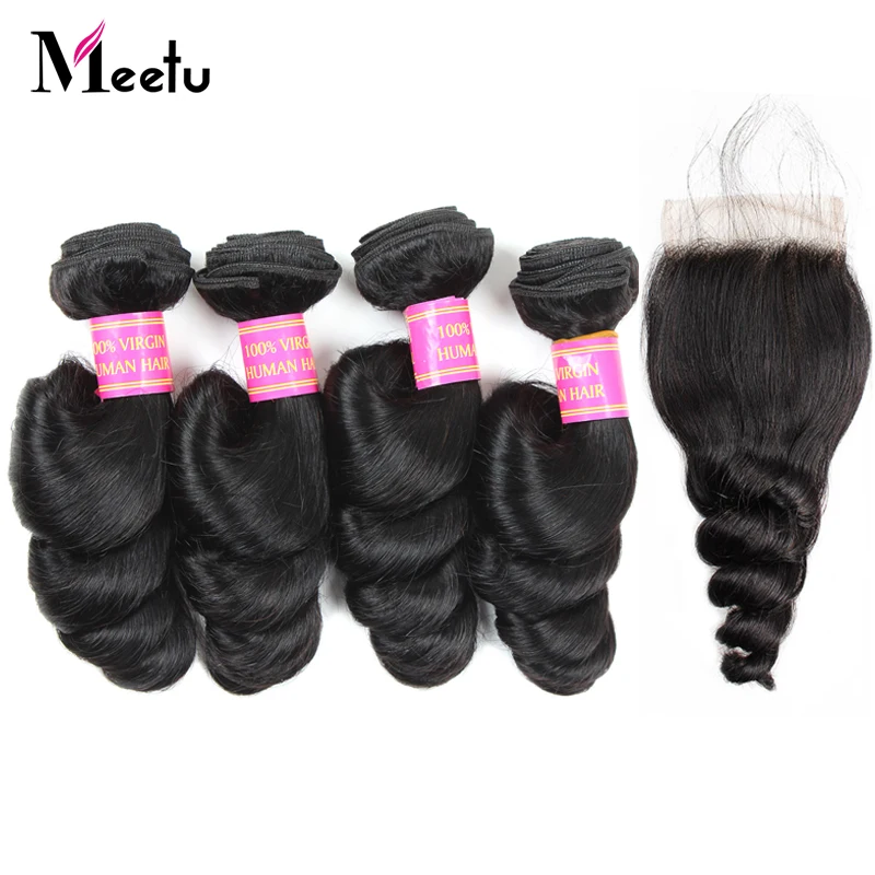 

Meetu Brazilian Loose Wave Bundles with Closure 100% Human Hair Bundles with Closure Natural Color 4 Bundles with Lace Closure