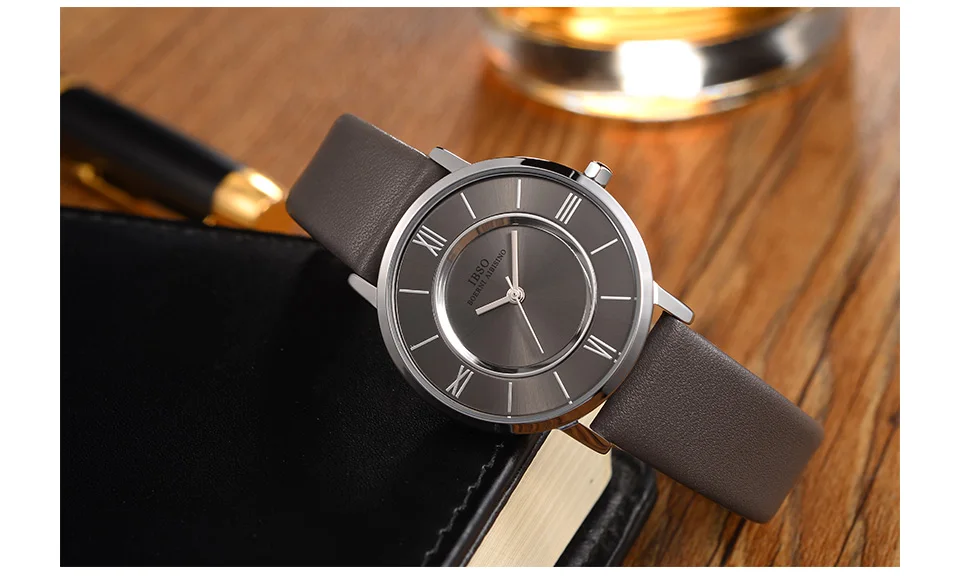 IBSO новый бренд 7 мм ультра-тонкий для женщин часы 2019 серый пояса из натуральной кожи ремешок дамы часы Элитные кварцевые часы для женщин Montre