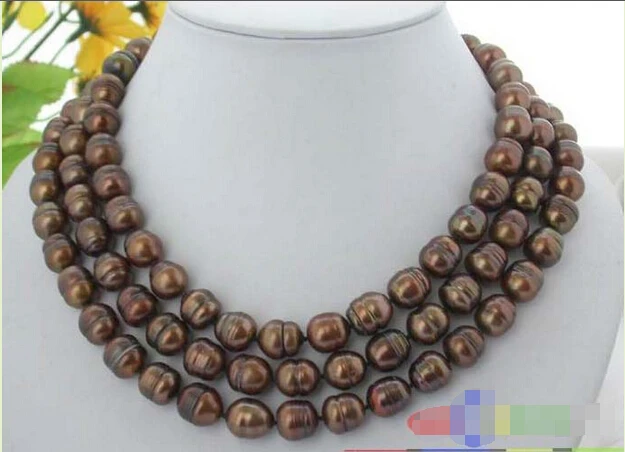 

FREE SHIPPING>>>@@ > p1781 3ROW 14MM COFFEE RICE FRESHWATER PEARL NECKLACE ^^^@^Noble style Natural Fine jewe &