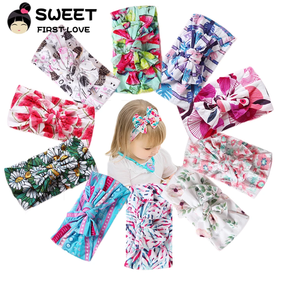 

Summer Beach Floral Print Nylon Headbands Bow Stretchy Headwraps Hair Accessories Wide Nylon Turban Headband Girls Headwear
