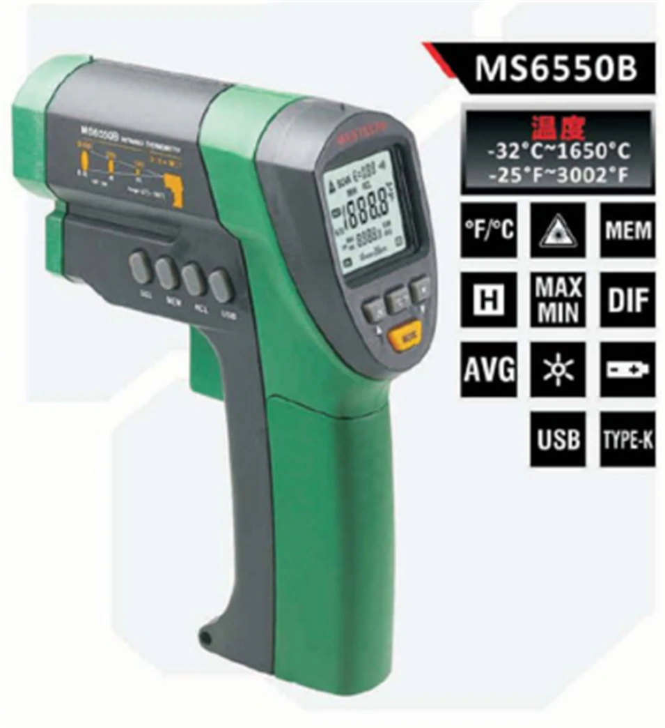 

New Infrared Thermometer MASTECH MS6550B Non-contact Auto K Type Infrared Thermometer LCD Backlight -32C to 1650C(-25F ~ 3000F)