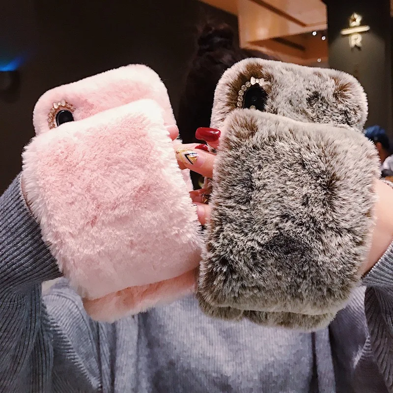 Case for iPhone X XR XS Max Wrist strap 3D Rabbit Furry fluffy 7 Warm cover 6 6S 8 Plus 5S Phone |