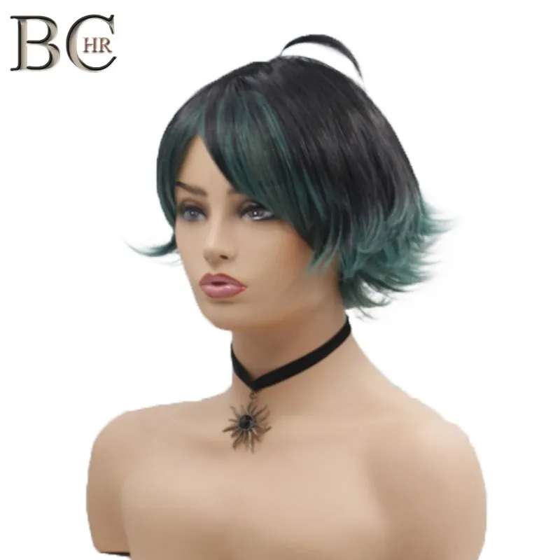 BCHR Short Straight Syntheic Hair Wig with Ombre Bangs Green and Black wigs Color For Women Cosplay Wigs | Шиньоны и парики