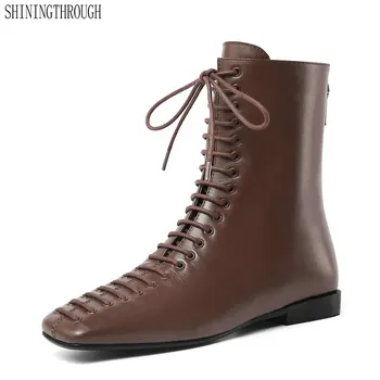

Women Ankle Boots Autumn Winter genuine leather Leather low Heels Shoes Woman Cross-tied square Toe Ladies Boots