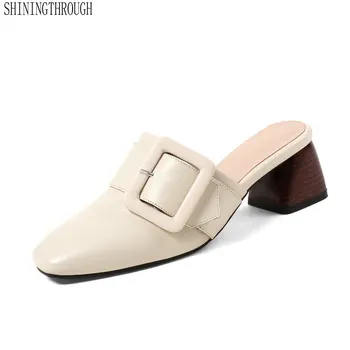 

Cow Leather Women Slippers Fashion Metal Belt Buckled European Designer High Quality Mules Shoes woman
