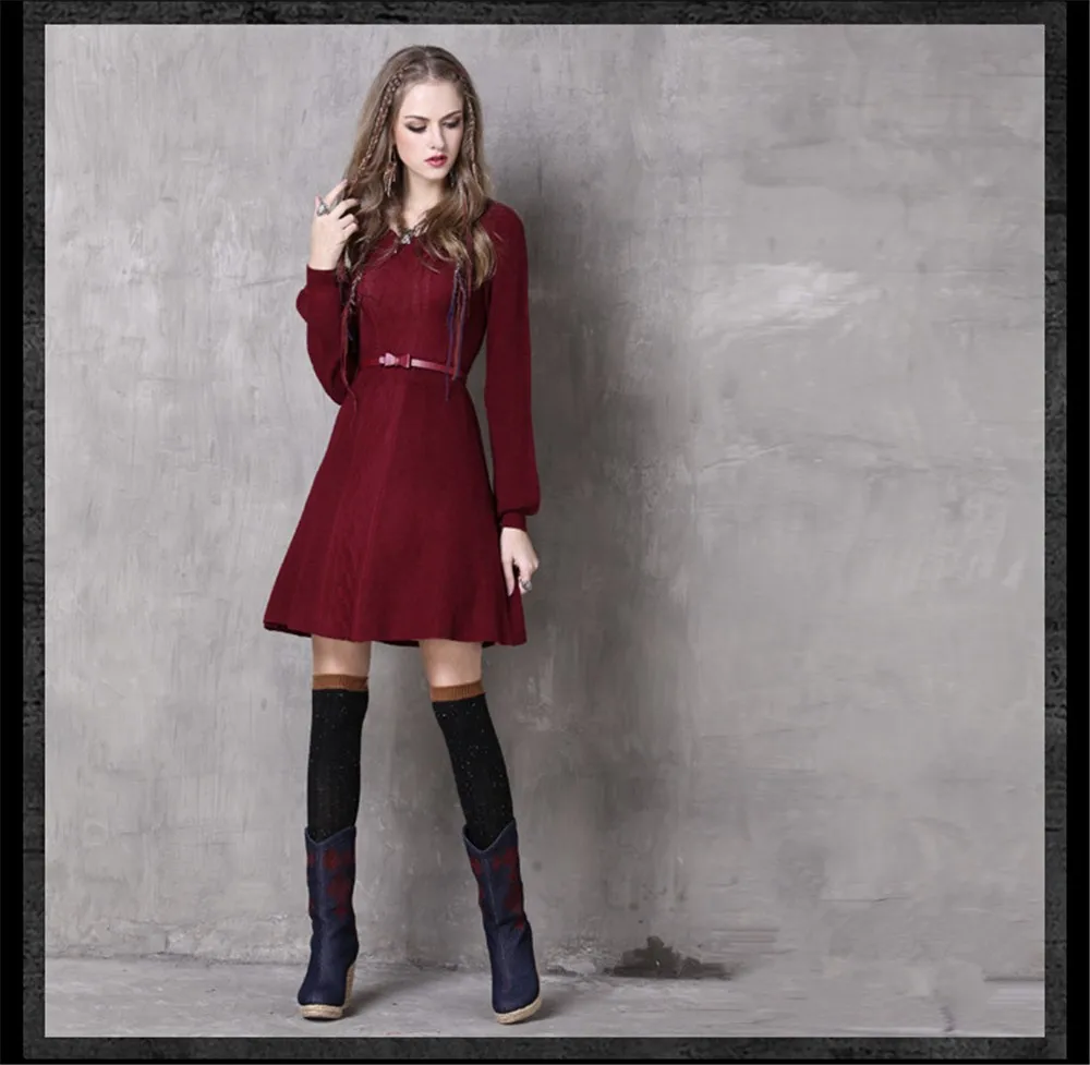 Vintage Elegant Women Winter Dress Tunic Cotton&Wool O-neck Dress Warm Dresses Solid Vestidos Femininos Vintage Skinny Dresses (11)