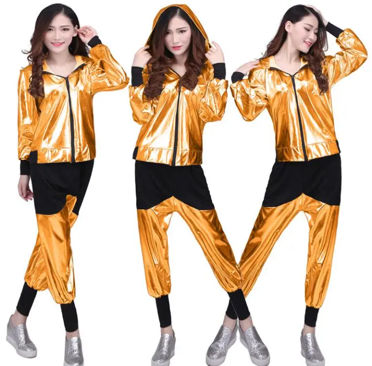 New Girls Boys Gold Silver Ballroom Jazz Hip Hop Dance Competition Costume Adult Clothes Hoodie Shirt Top Pants Dancing Wear