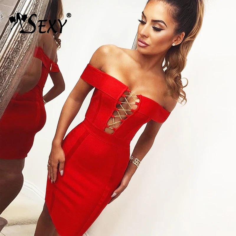 

Gosexy 2019 New Women Off The Shoulder Bandage Dress Sexy Lace Up Mini Club Sheath Slash Neck Fashion Summer Dress Wholesale