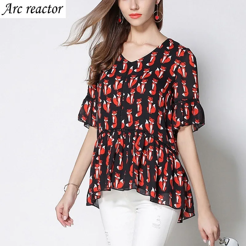 

Chiffon Blouse Fox Pattern Printing And Dyeing V-neck Short Sleeves Thin Womens Tops And Blouses Plus-size 6XL 5XL 4XL 3XL 2XL L