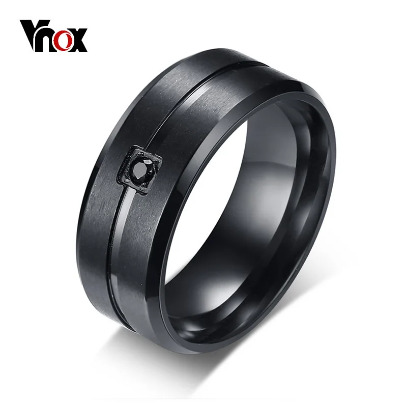 Kopen Vnox mannen Bruiloft Merk Ring Stijlvolle Zwarte Twee Lijnen 8mm Rvs Matte Ringen voor Mannen Ingelegd AAA zirconia