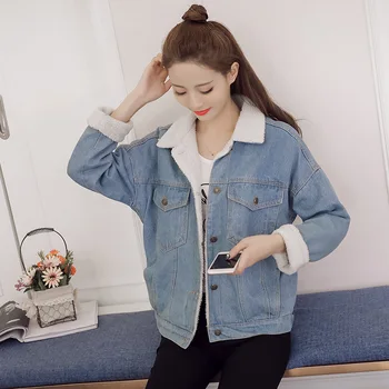 

S-4XL Korean Lambs Wool Denim Jackets 2018 Autumn Winter Vintage Lamb Loose Turn-down Collar Denim and Thick Coat Women Jacket