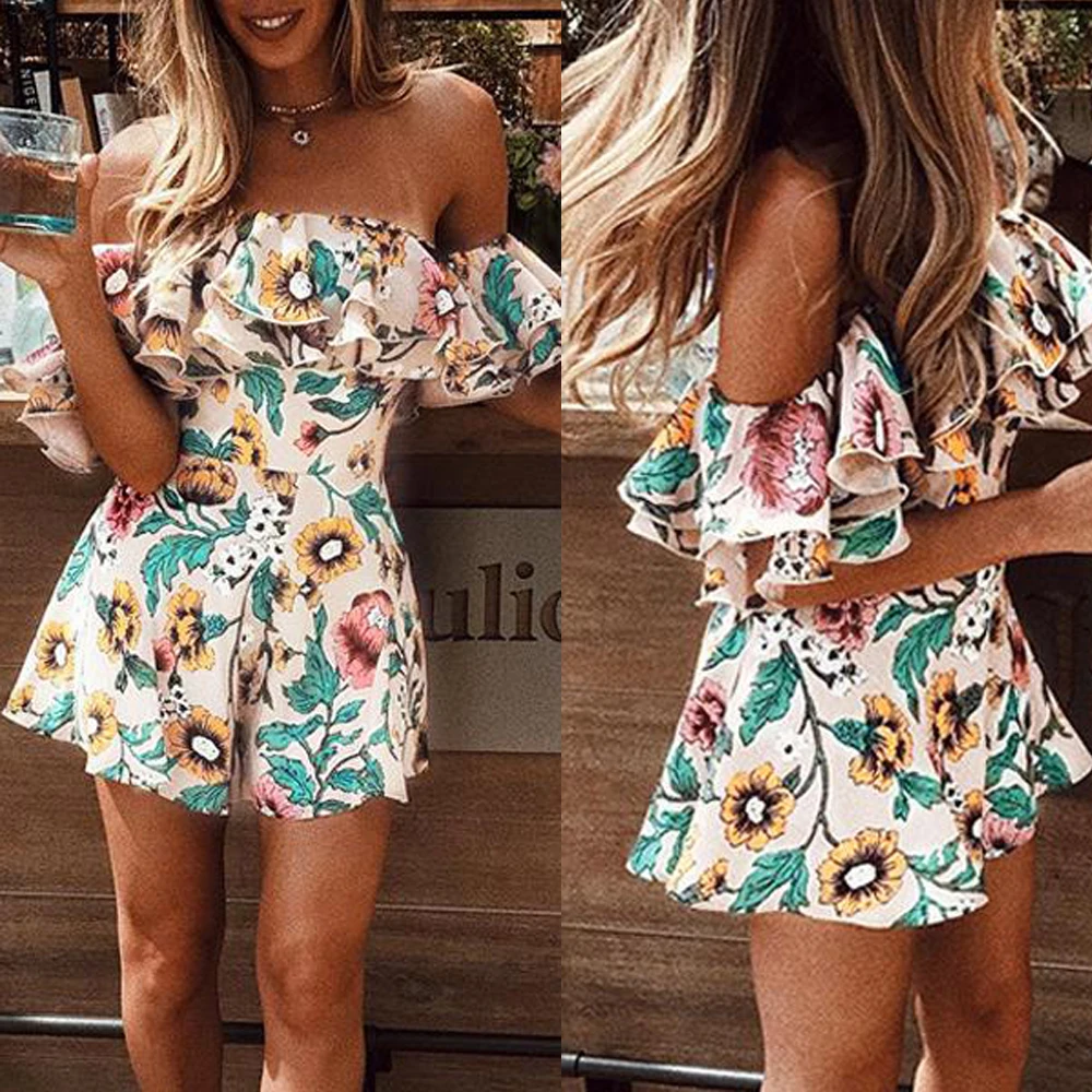 Boho Floral Print Holiday Beach Jumpsuits Women Sweet Clothes Off Shoulder Ruffles Jumpsuits Rompers Sexy Girl Short Overalls