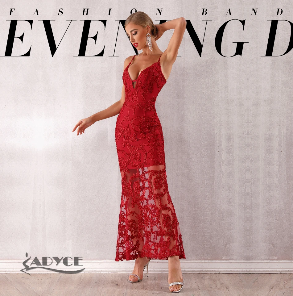 Женское облегающее платье ADYCE, красное кружевное клубное платье макси на бретелях-спагетти с V-образным вырезом, вечернее повязка платье знаменитости, лето