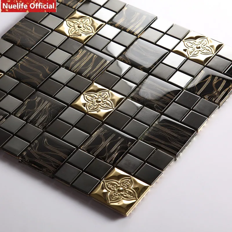 Golden Flower Mosaic 3D Wall Sticker Crystal Glass Stainless Steel Tile Living Room Bar Kitchen Bathroom Decorative Wall Sticker