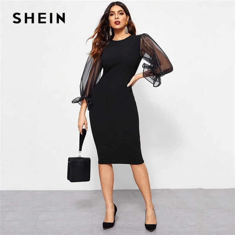 SHEIN Black Elegant Contrast Mesh Sleeve Solid Bodycon Dress 2019