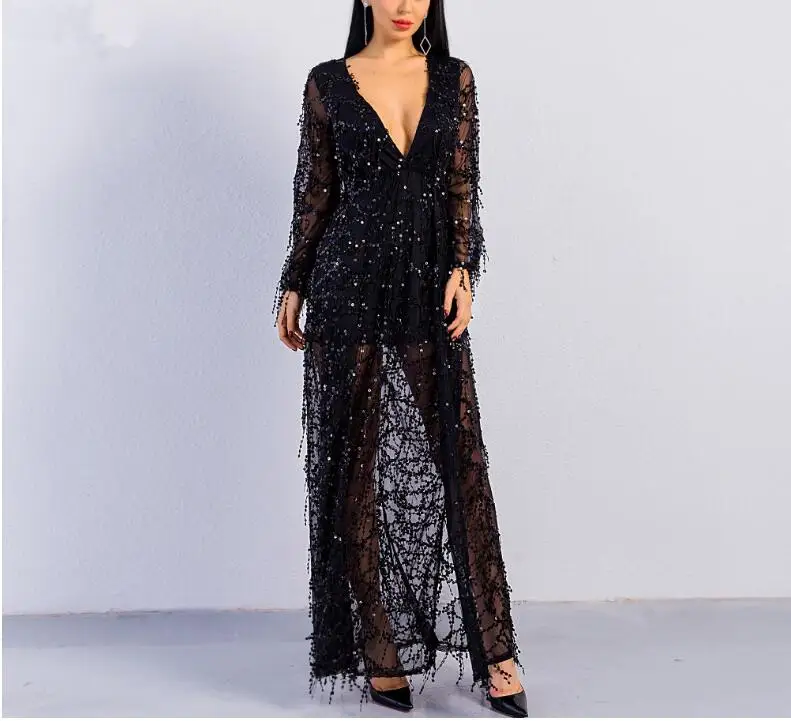 

PartyClub Elegant Dress Women Dress Vestidos De Festa 2018 Sexy ankle-length long sleeve deep V two split sequin maxi slit dress