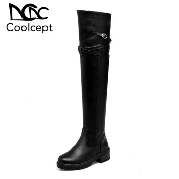 

Coolcept Size 32-44 Ladies Thick Fur Over Knee Long Boots Women Med Heels Side Zip Shoes Women Warm Plush Winter Snow Botas