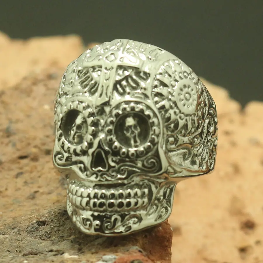 Размер от 7 до 15 унисекс 316L нержавеющая сталь крутая Полировка Серебряный крест, оформленный цветами череп новейшее кольцо