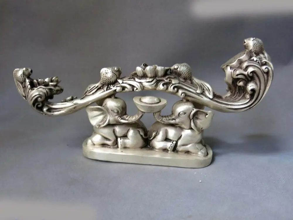 

China silver Feng Shui lucky Elephants water lily goldfish as one wishes Statue