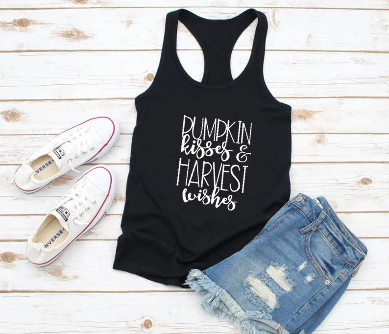 

Vest pumpkin kisses and harvest wishes Letter and Graphic Tank Tops Summer Funny Casual Sleeveless Tee Thanksgiving Shirt