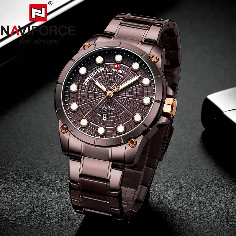 NAVIFORCE мужские наручные часы люксовый бренд мужские стальные водонепроницаемые кварцевые армейские военные часы с хронографом спортивные часы Relogio Masculino - Цвет: Brown Brown Brown