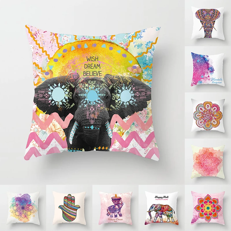 

Southeast Asian style Cushion Cover Colorful Indian Elephant Animal print decorative Pillow cover super soft Car Seat Pillowcase