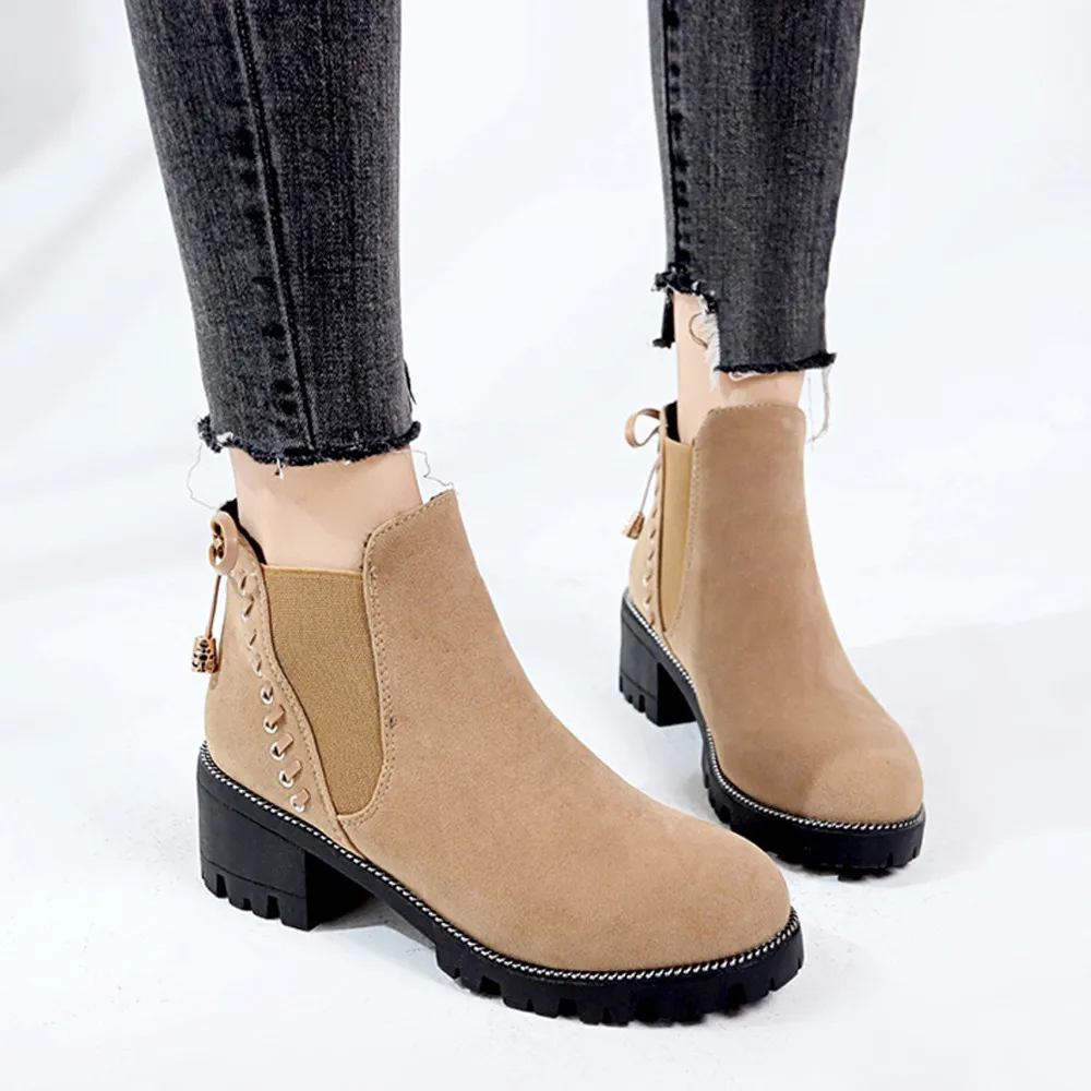 

Casual Martain Boot Women Thick Heel Suede Solid Color Round Toe Ankle Boots for Women 2019 Slip-On Shoes Woman botas feminina