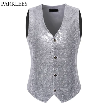

Mens Silver Sequin Vests Casual Hippie Rock V Neck Suit Vest Men Wedding Groom Hipster Singer DJ Slim Fit Costume Chaleco Hombre