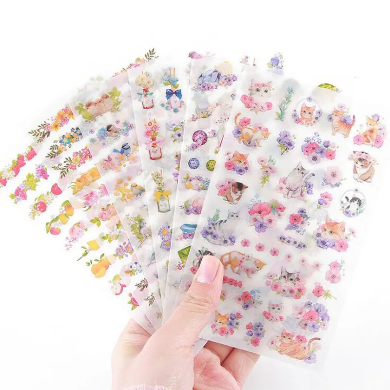 

6pcs/pack Cat Flower Stickers Emoji Stickers Decorative Washi Scrapbooking Stick Label Diary Stationery Album Stickers Handmade