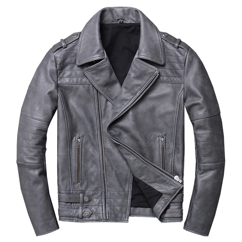 

2019 Vintage Grey Men Slim Fit Biker's Leather Jacket Plus Size XXXL Genuine Cowhide Spring American Motorcycle Leather Coat