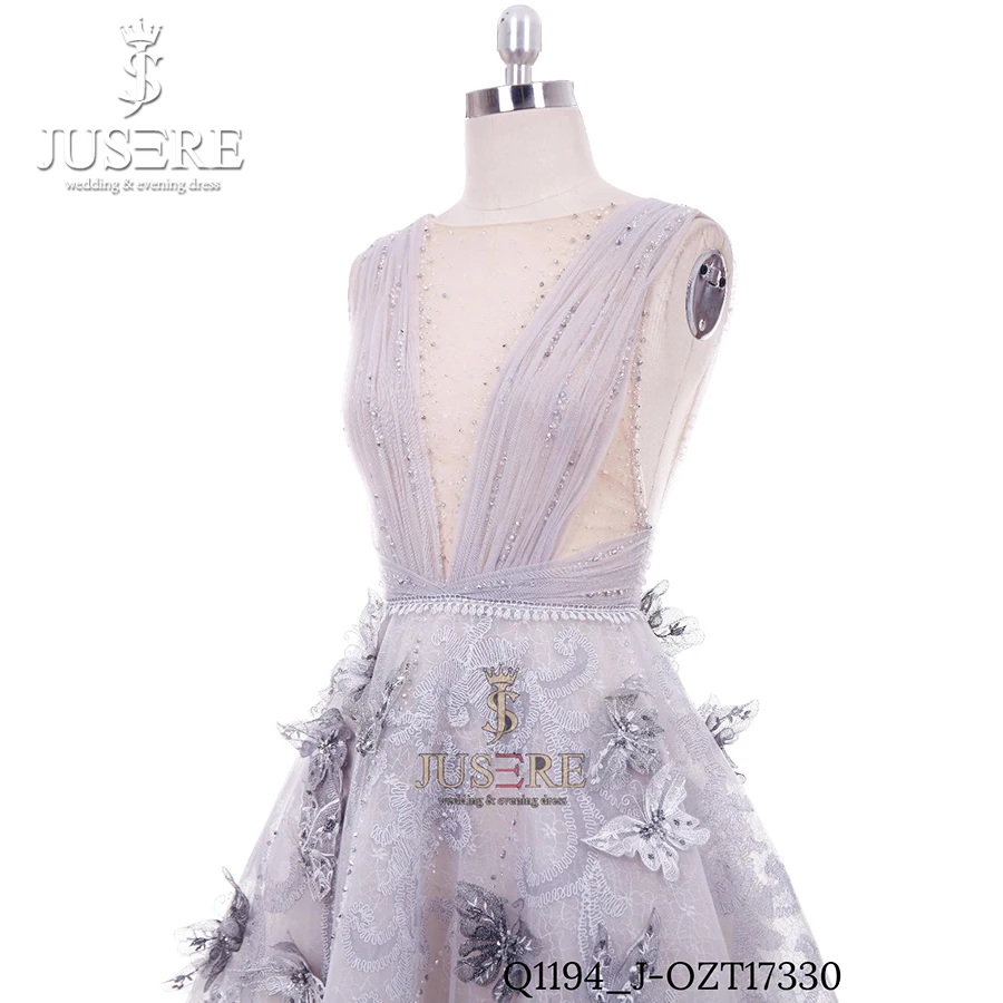 Плиссированное вечернее платье Jusere Haute Couture с V образным вырезом открытой спиной и