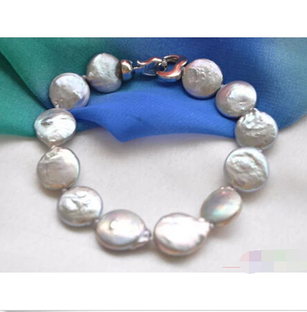 

P4023 8" 14mm gray coin freshwater pearl bracelet @^Noble style Natural Fine jewe SHIPPING 5.25
