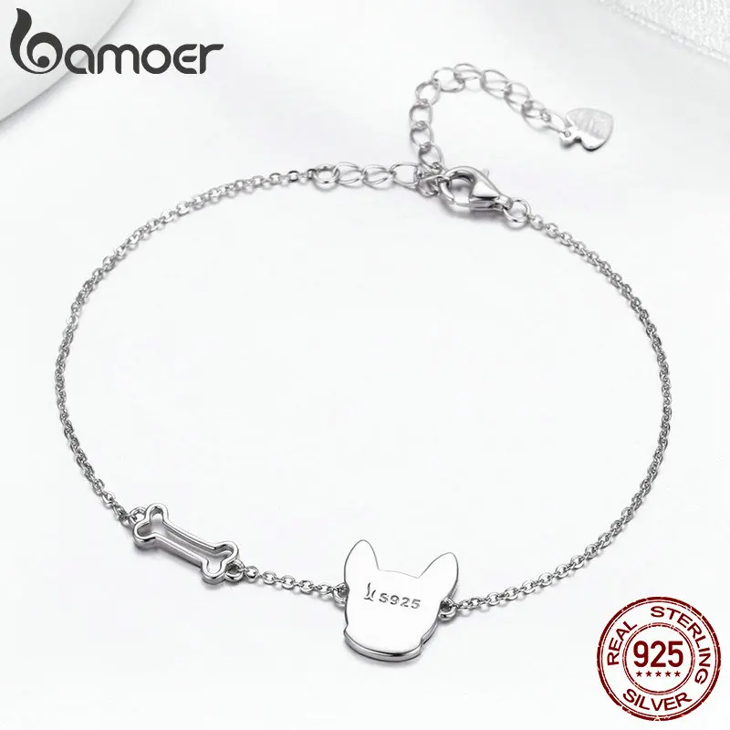 Ceny BAMOER gorąca sprzedaż 100% 925 Sterling Silver buldog francuski i pies kości Lobster Chain Link kobiety bransoletka biżuteria srebrna SCB064