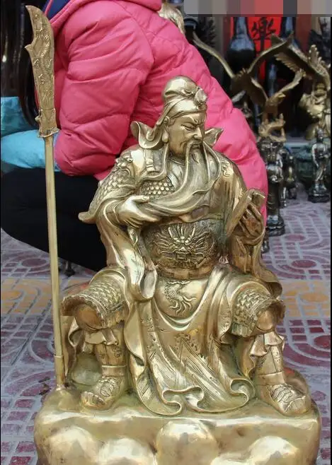 

25" Chinese Bronze Dragon Guan Gong Yu Warrior God Guangong look Book Statue