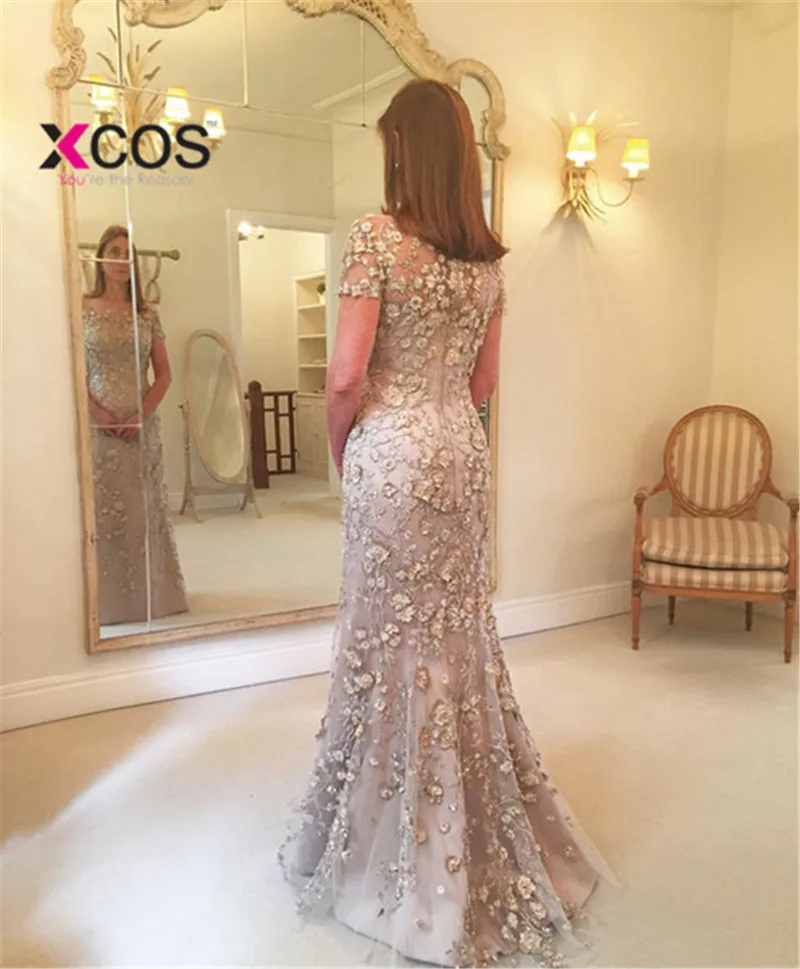 XCOS Горячая Короткие рукава Русалка Мать платье на свадьбу со шнуровкой Длинные Формальные 3D Цветочные длинное платье для крестной матери пригласительные на свадьбу