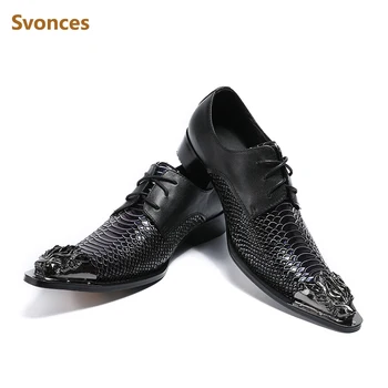 

Genuine Leather Mens Shoes Fashion Black Serpentine Metal Pointed Toe Flats Luxury Designer Dressing Brand Shoes Zapatos Hombre