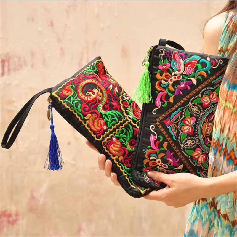 Женский вышитый кошелек для монет, этнические национальные ретро сумки с бабочками и цветами, сумочка с кисточками, небольшой лоскут, винтажный женский кошелек для монет
